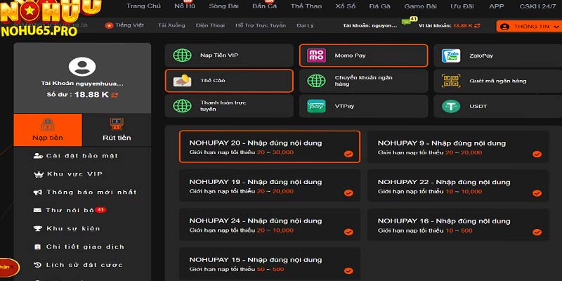 Bước 3: Lựa chọn phương thức nạp tiền Nohu65